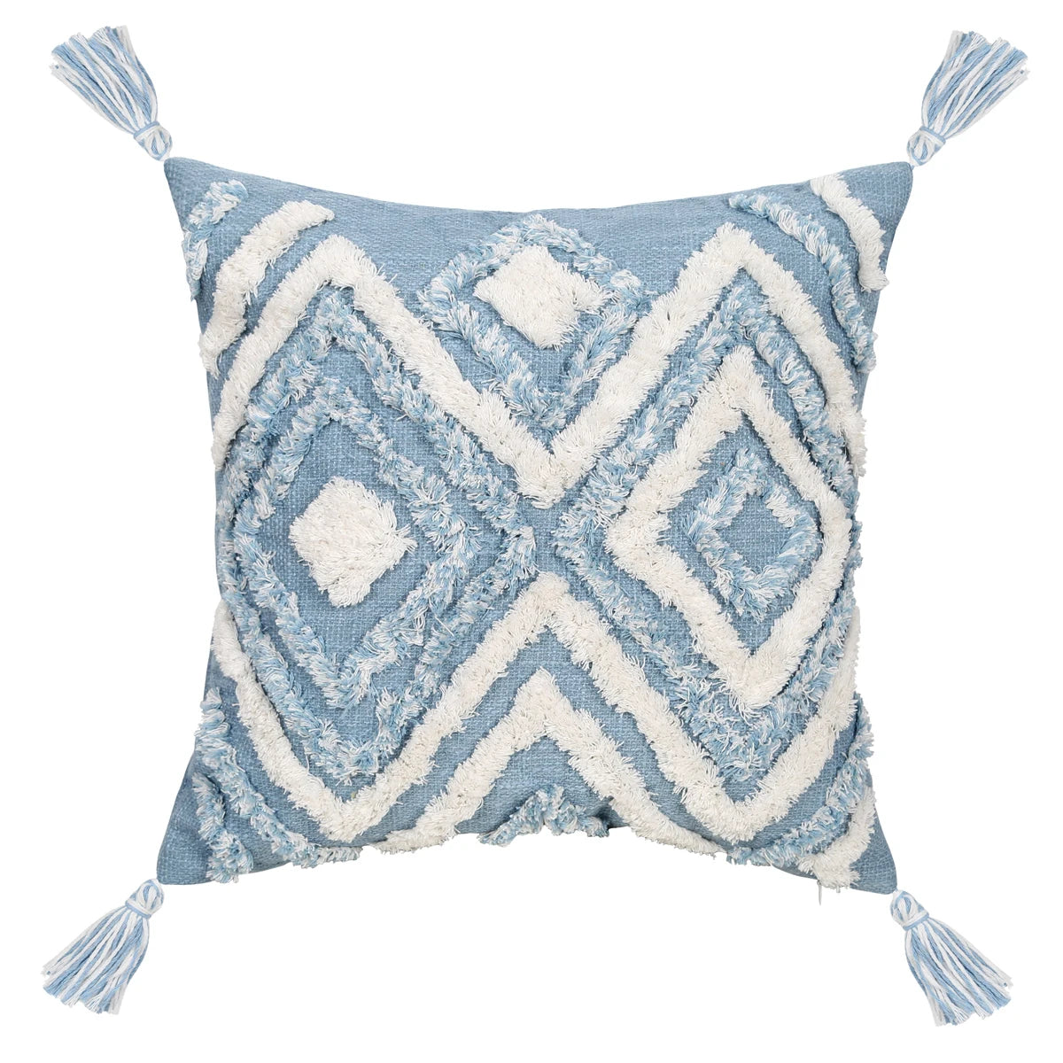 Blue Geometric Tufted Pillow Cover with Tassels – Boho Home Decor Housewarming Gift Accent for Couch, Bed & Living Room