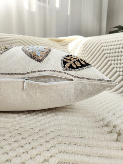 Leaf Embroidered Throw Pillow Cover – Canvas Cushion Cover for Boho Home Decor