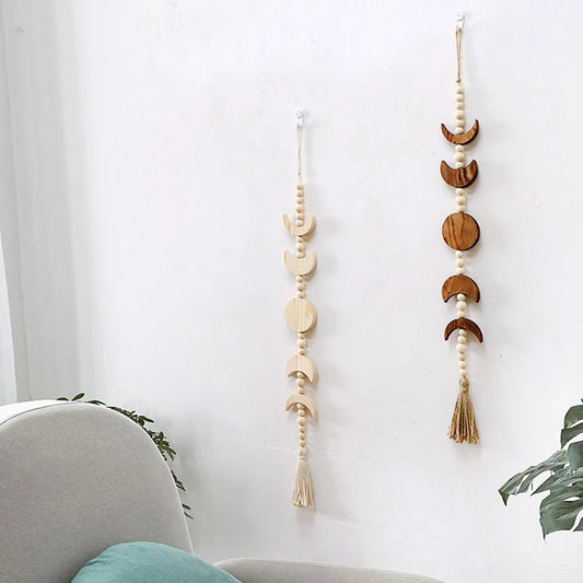 Wood Moon Phase Wall Hanging Boho Tassel Celestial Ornament Wood Bead Garland Living Room Wall Decor Home Decoration