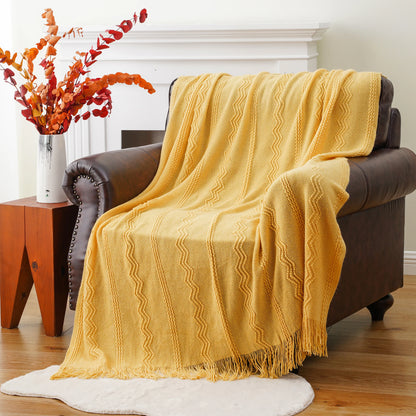 Boho Knit Throw Blanket – Soft Lightweight Acrylic Blanket with Tassels