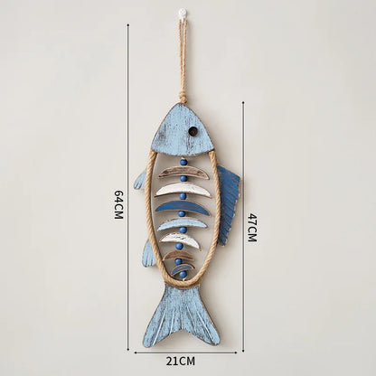 Decorative fish-shaped wall hanging with measurements on a light gray background boho home decor, coastal home accents, nautical wall hanging, wooden fish wall decor, Mediterranean decor, beach house decoration, rustic fish ornament, vintage boho living room decor, seaside wall art, summer housewarming gift