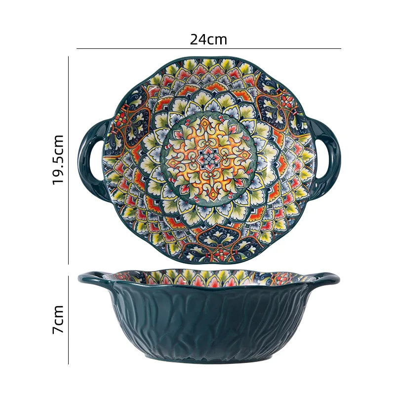 Boho Floral Green Ceramic Plate or Bowl – Retro Dinnerware for Breakfast, Salad, or Soup