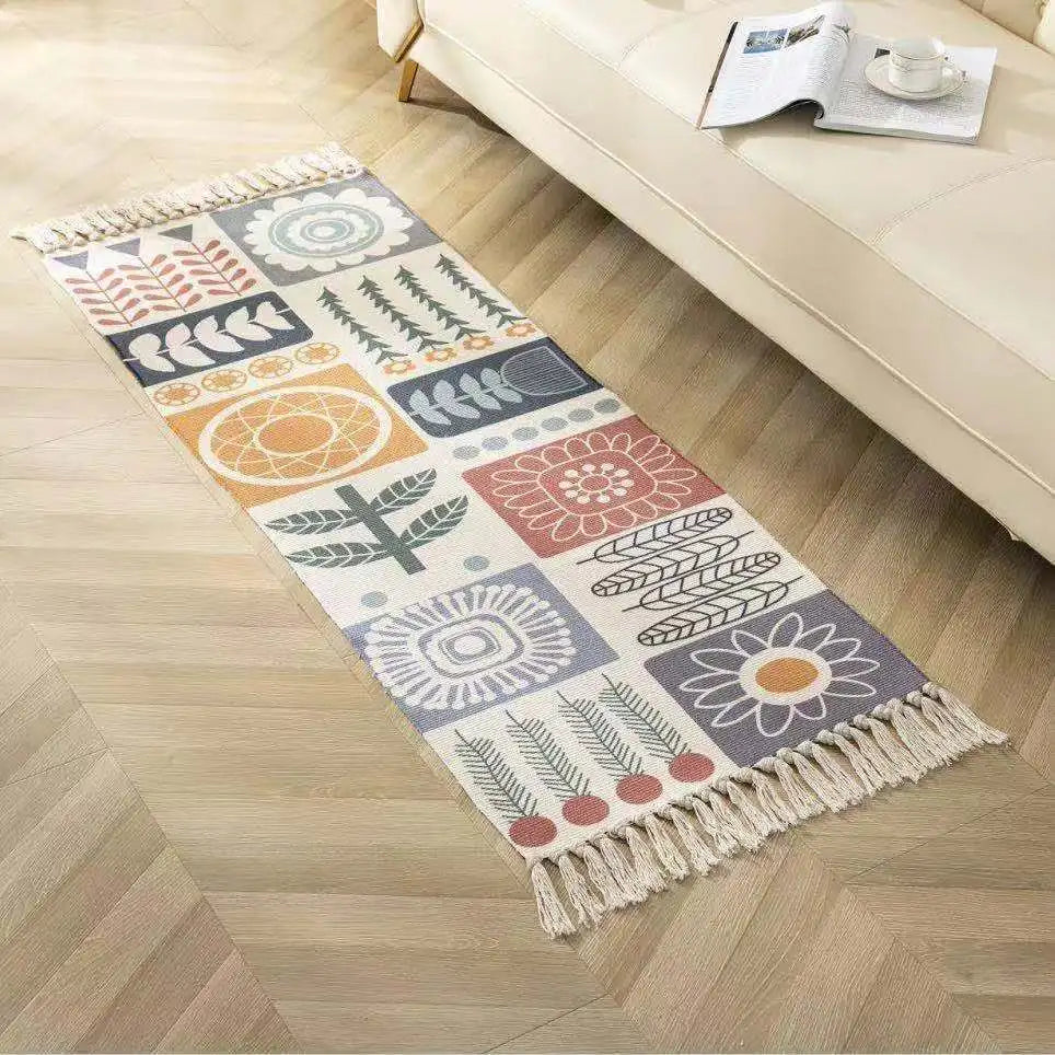 Boho Cotton Woven Leaf Flower Geometric Rug – Anti-Slip Floor Mat for Living Room, Bedroom & Entryway