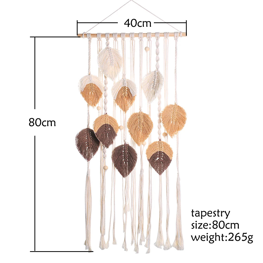 Decorative tapestry with leaf patterns and measurements on a white background