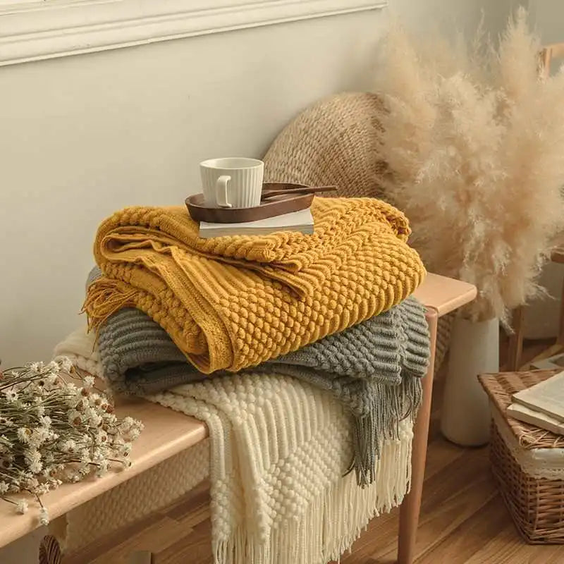 Soft Knit Boho Throw Blanket – Lightweight Acrylic Travel & Home Decor Accent with Fringe