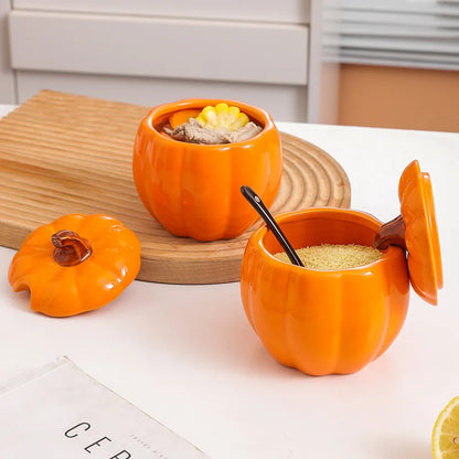 Two orange pumpkin-shaped ceramic containers with lids on a white surface. Pumpkin-shaped ceramic bowl with lid kitchen container Halloween and Thanksgiving fall serving dish