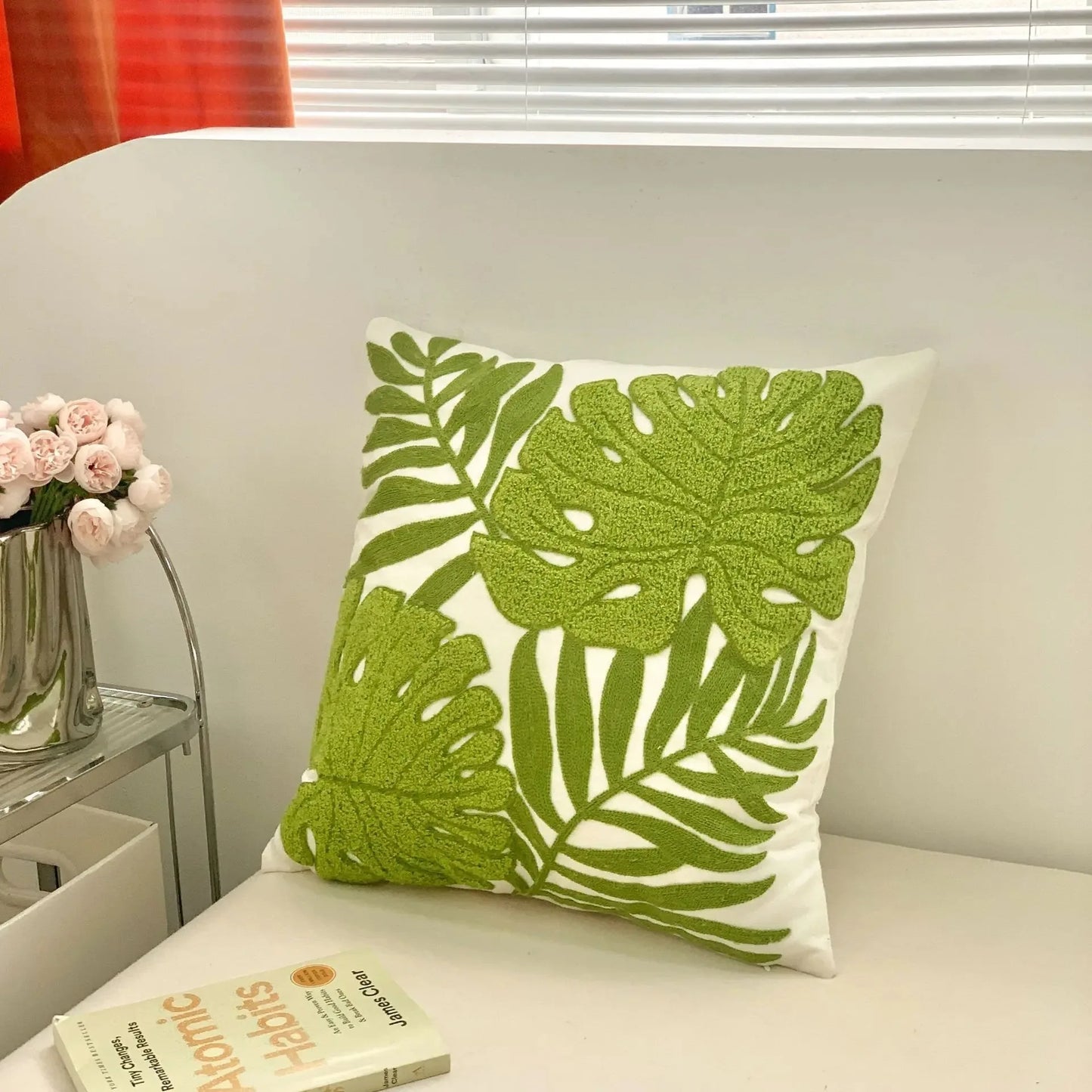 Flower Embroidered Plush Throw Pillow Cover – Minimalist Boho Cushion for Sofa, Bed, or Chair | 18x18 Inch | Garden-Inspired Housewarming Gift