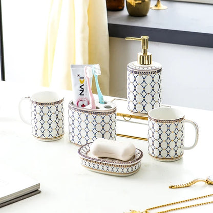 Ivory Porcelain & Gold-Plated Ceramic Bathroom Set – Pink Stripes