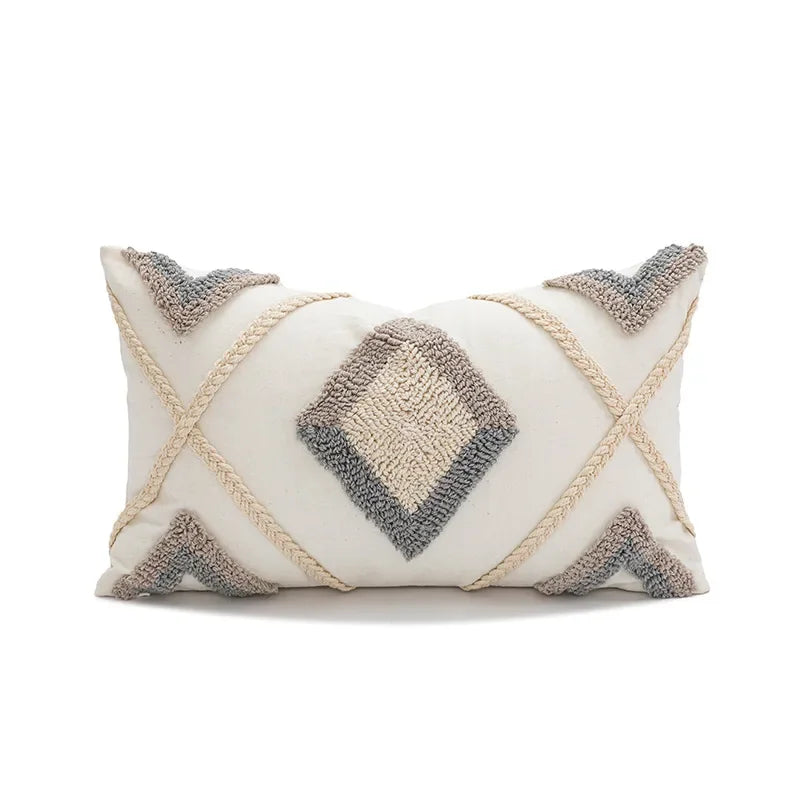 Decorative pillow with geometric pattern on a white background Nordic blue tufted cushion cover with geometric stripe and grid crochet pattern, tassel pillow cover for sofa, bed, and boho home decor