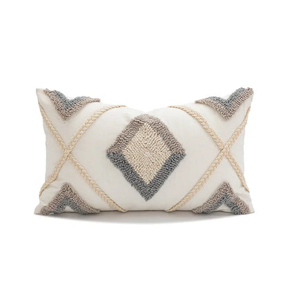 Decorative pillow with geometric pattern on a white background Nordic blue tufted cushion cover with geometric stripe and grid crochet pattern, tassel pillow cover for sofa, bed, and boho home decor