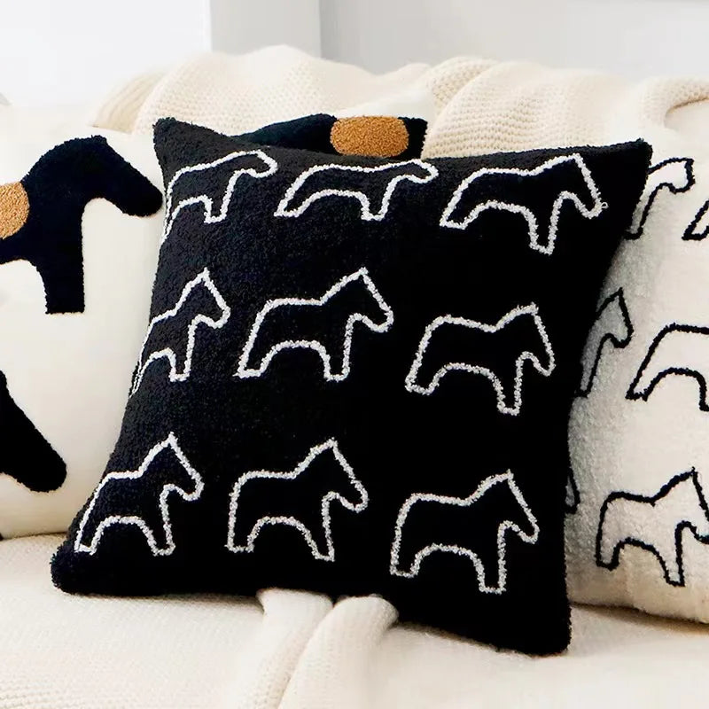 My Boho Home Nordic Embroidered Animal Pillow Cover – Modern Boho Plush Cushion for Couch, Bed or Nursery Horses