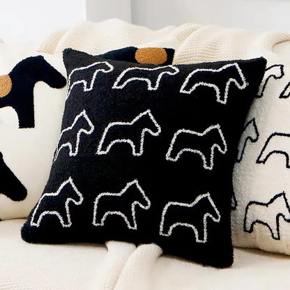 My Boho Home Nordic Embroidered Animal Pillow Cover – Modern Boho Plush Cushion for Couch, Bed or Nursery Horses