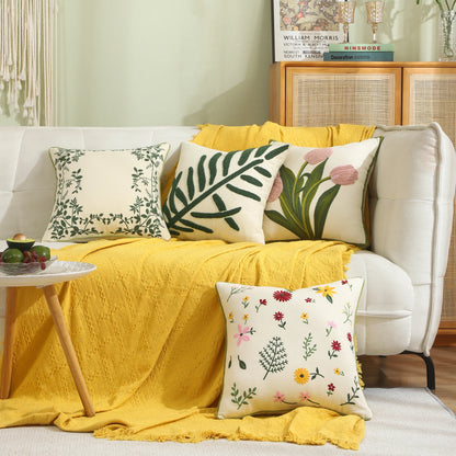 Boho Home Decor Embroidered Linen Cotton Pillowcase – Decorative Square Throw Pillow Cover for Sofa & Farmhouse Style
