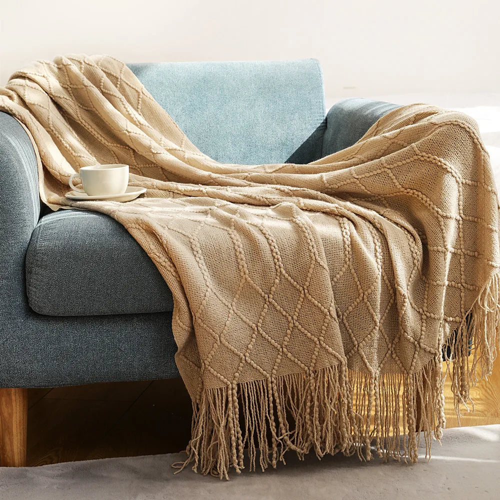 Beige Boho Nordic Knitted Throw Blanket with Tassels – Geometric Diamond Design for Bed, Couch, and Living Room