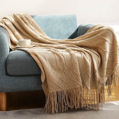 Beige Boho Nordic Knitted Throw Blanket with Tassels – Geometric Diamond Design for Bed, Couch, and Living Room