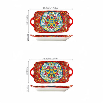 Boho Ceramic Fish Dish with Handle – Rectangular Serving Tray for Oven & Microwave