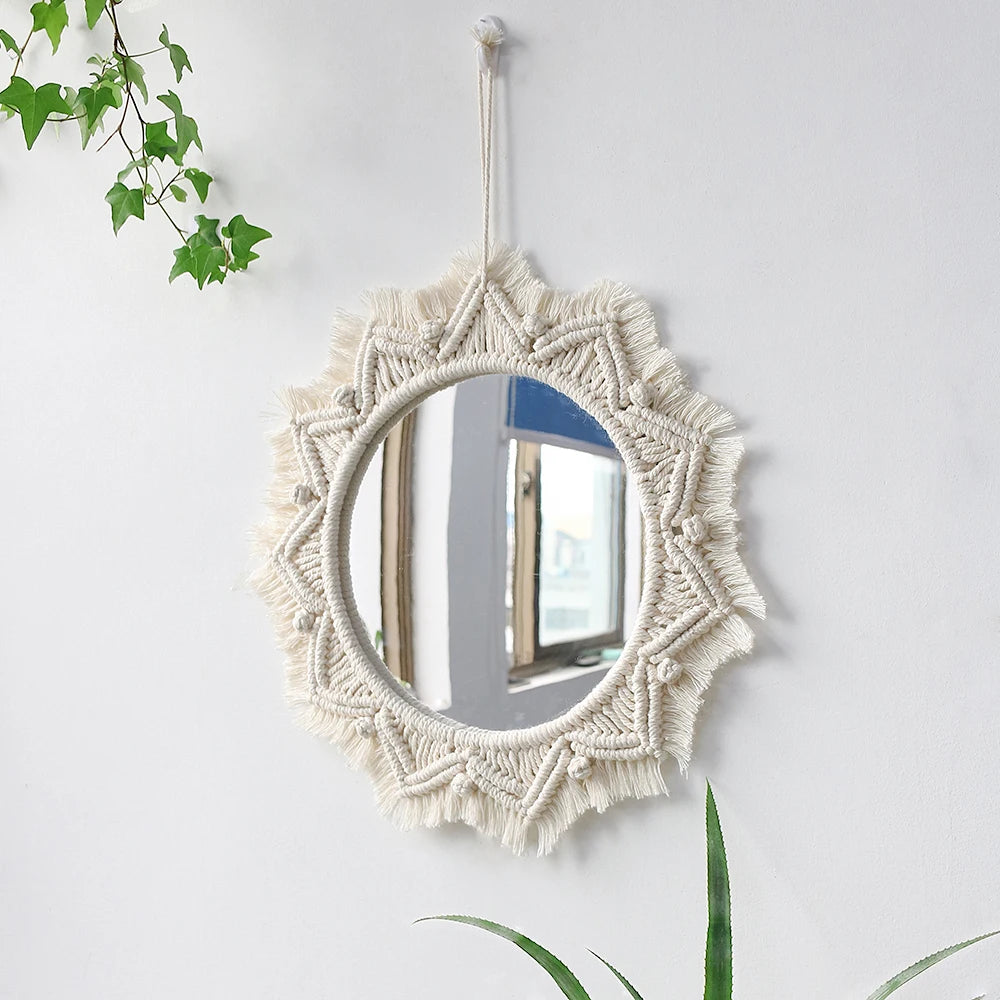 Wall Circle Mirror Macrame Boho Home Decor Mirrors for Bedroom Baby Room Decoration Nursery Sun Star Shaped