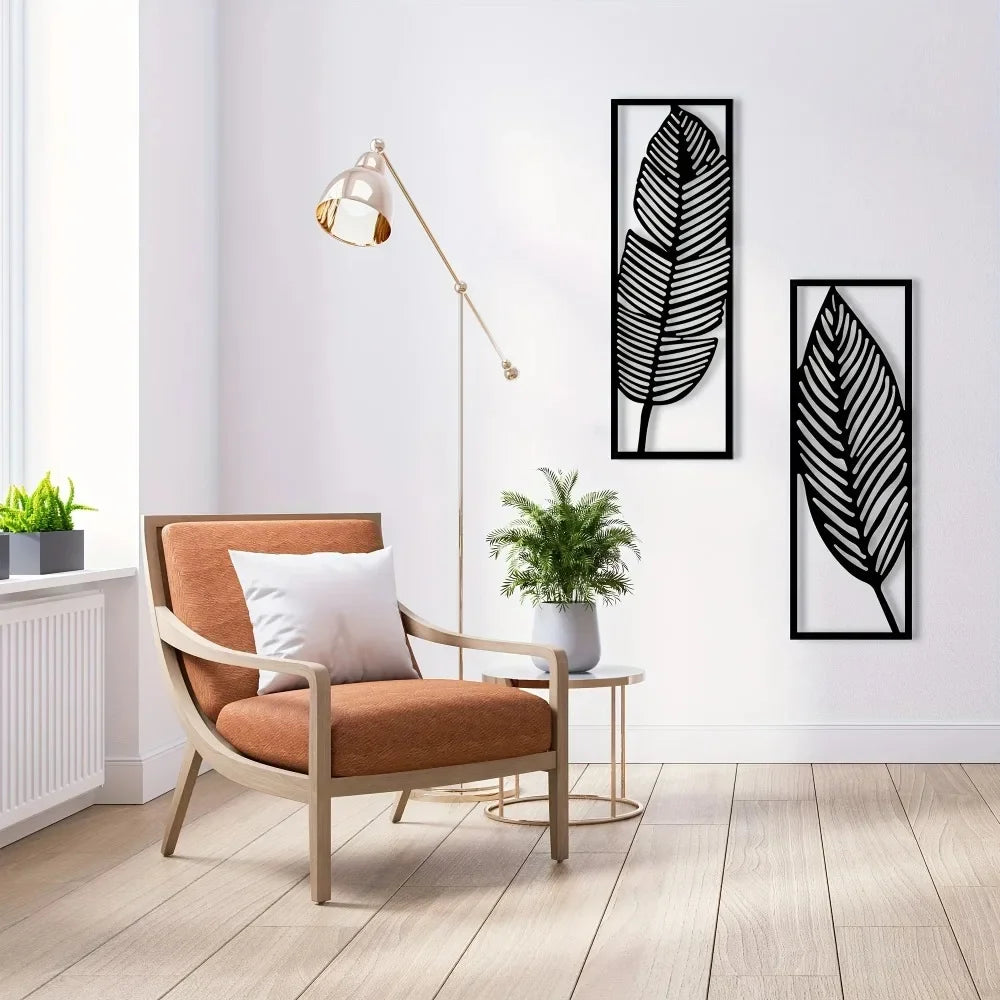 Decorative Leaves Metal Wall Art Set of 2 / 1Pc Surfboard for Home Wall Decor Black Metal Hanging Leaf Boho