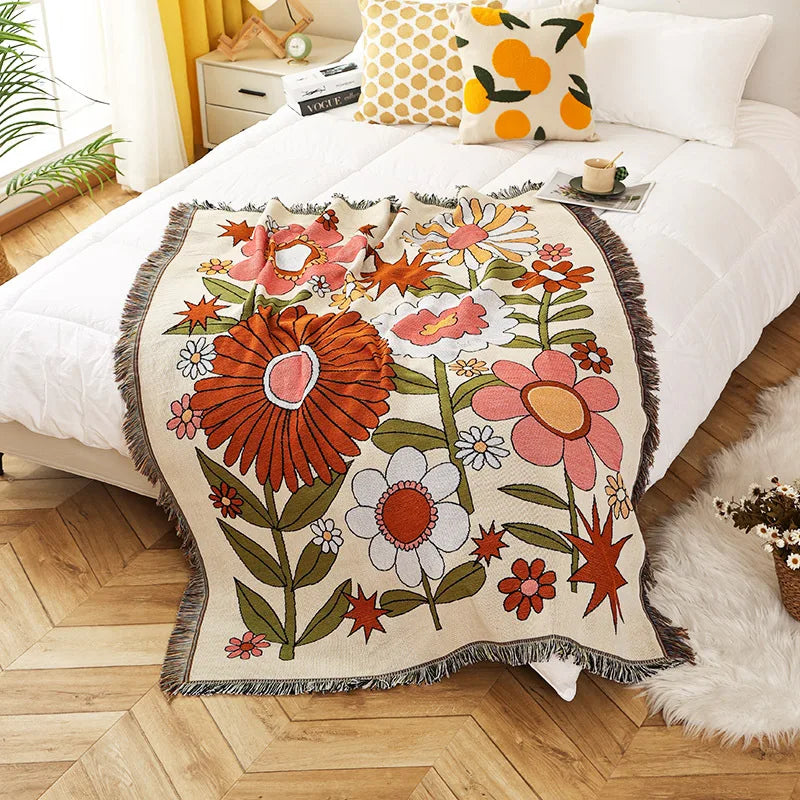 Boho Tassel Throw Blanket Flowers