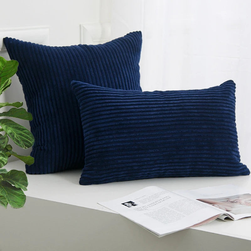 Corduroy Striped Cushion Cover – Soft Boho Throw Pillow Case Navy