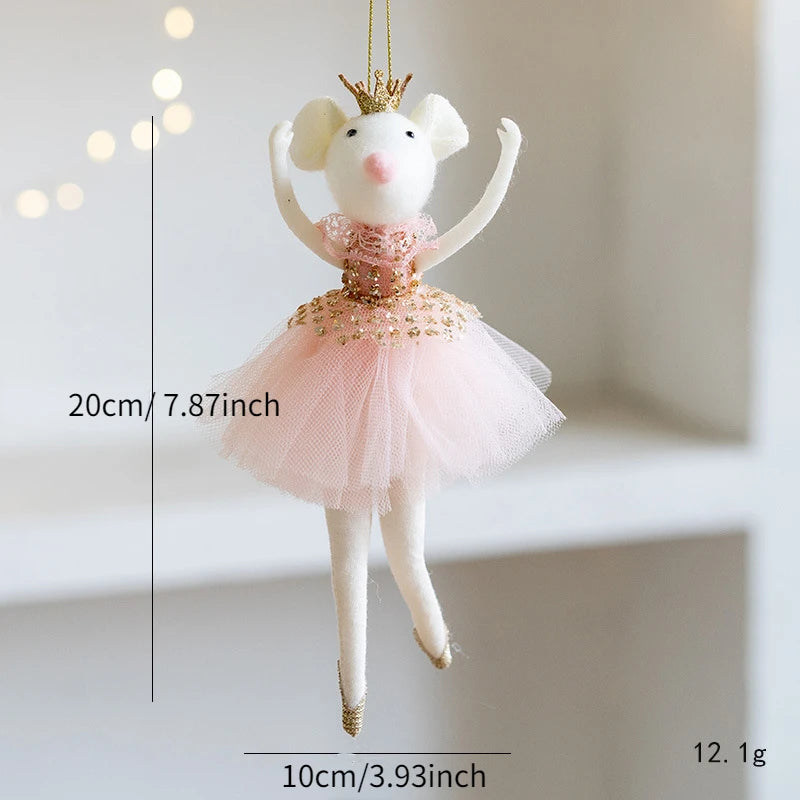 Decorative mouse christmas ornament in a pink dress with measurements and weight displayed.