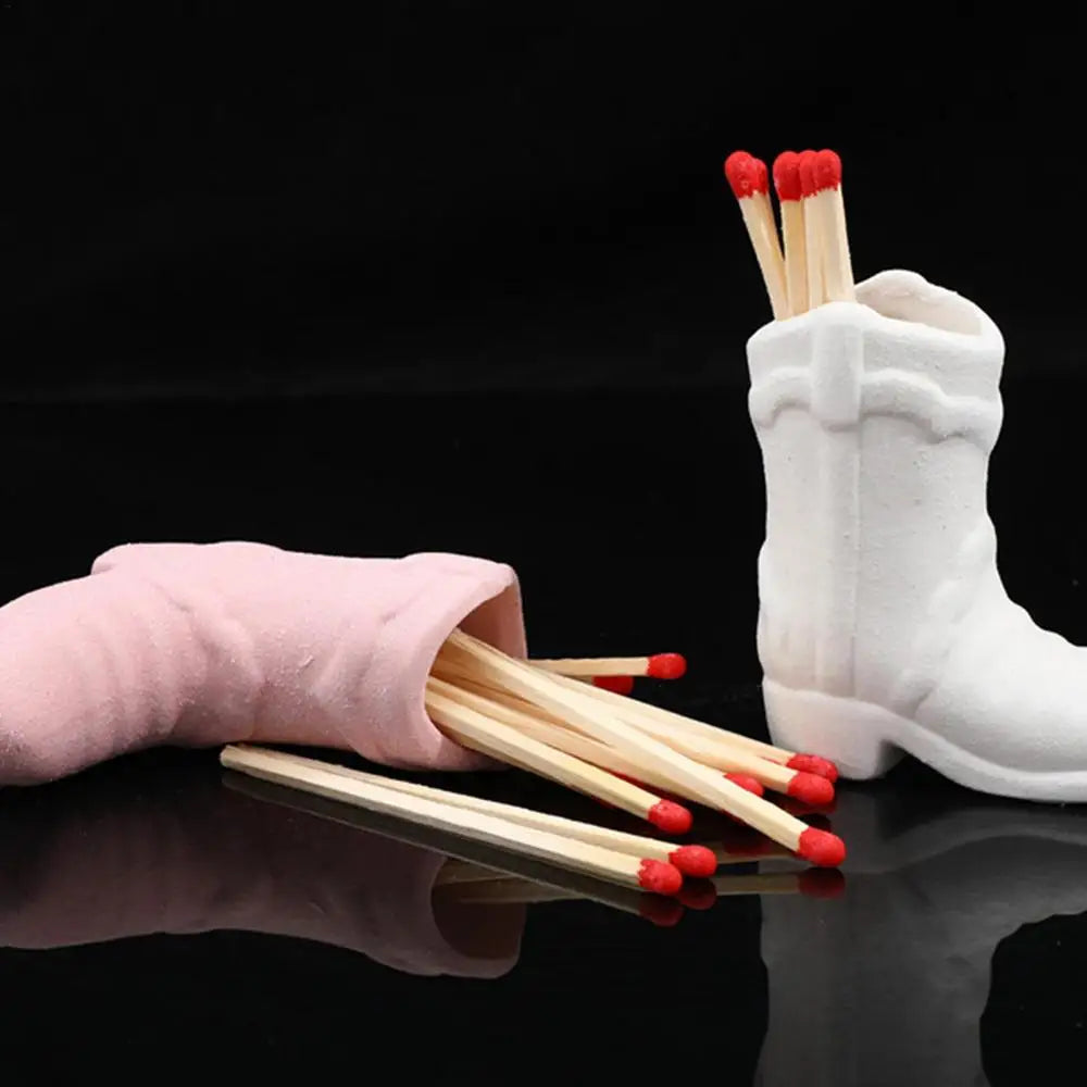 Ceramic Match Holder With Striker Cowboy Boot Shaped Boho Style Jar Fireplace Home Decor Container