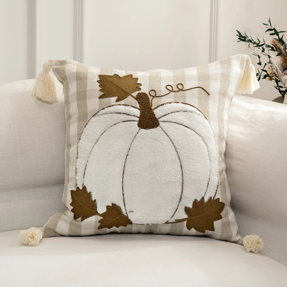 Halloween maple pumpkin throw pillow cover with festive lettering, autumn-themed decorative cushion for sofa, bed, and seasonal home decor