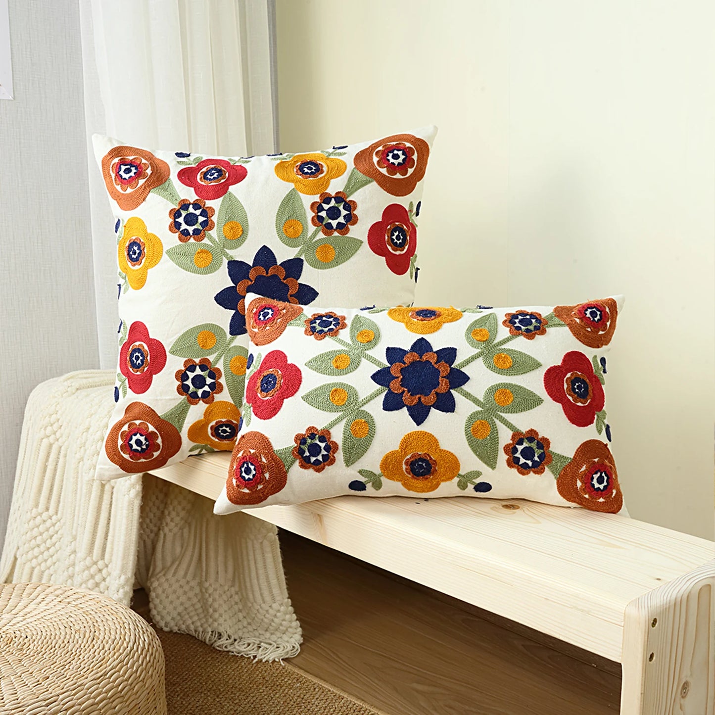 Boho Floral Embroidered Pillow Cover - Vibrant Canvas Decor