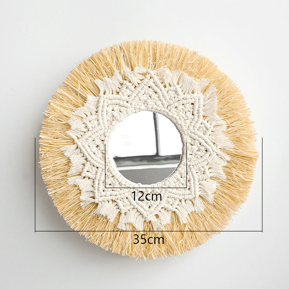 Round mirror with beige and white macrame frame on a light gray background boho home decor, boho wall mirror, macrame wall mirror, nordic decor, romantic wedding wall decoration, housewarming gift, round straw mirror, woven wall decor, tapestry mirror, boho bedroom wall accent, rustic mirror wall hanging