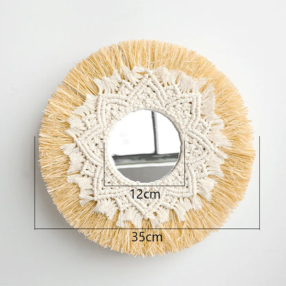 Round mirror with beige and white macrame frame on a light gray background boho home decor, boho wall mirror, macrame wall mirror, nordic decor, romantic wedding wall decoration, housewarming gift, round straw mirror, woven wall decor, tapestry mirror, boho bedroom wall accent, rustic mirror wall hanging
