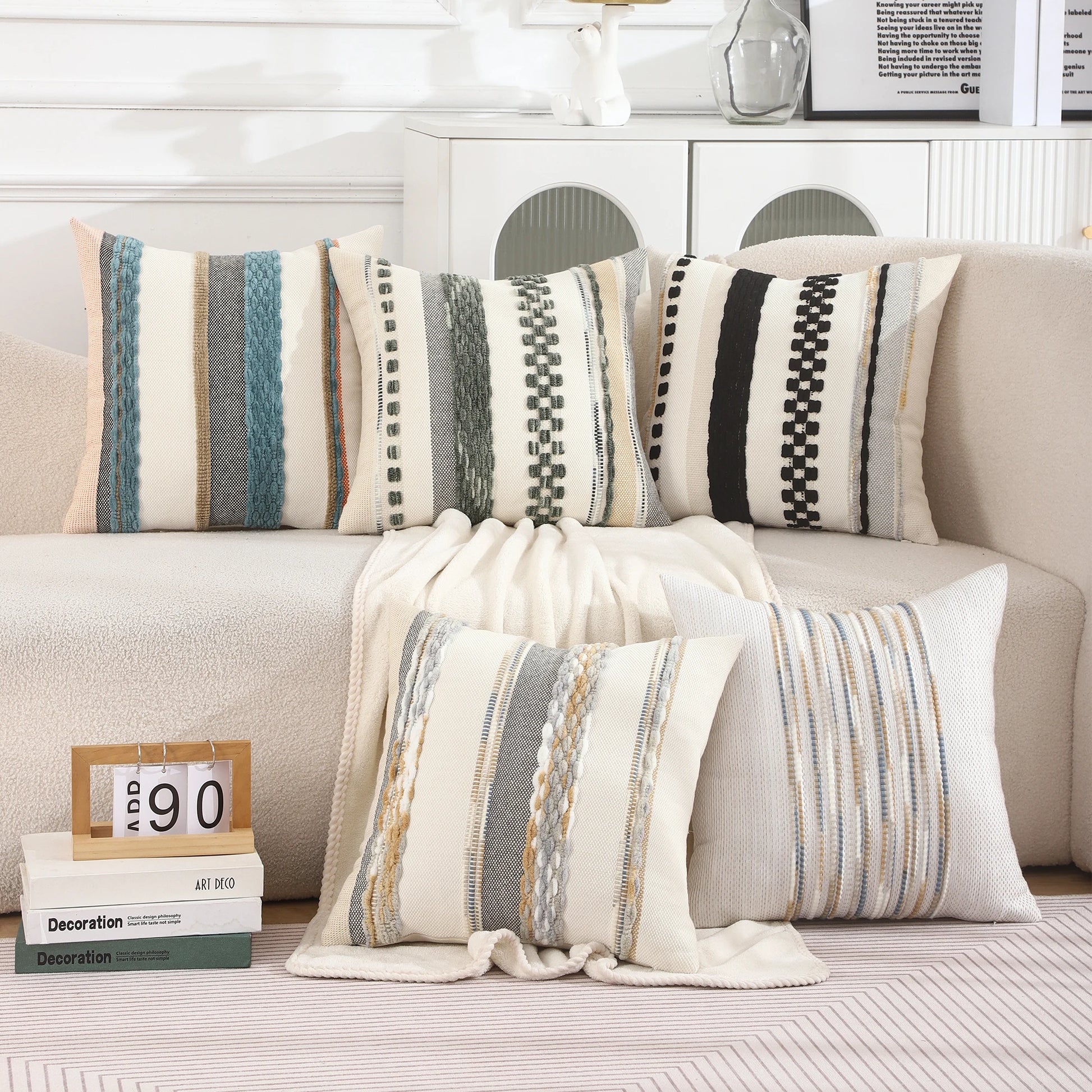 Boho Striped Chenille Throw Pillow Cover – Decorative Square Cushion for Cozy Home Accents
