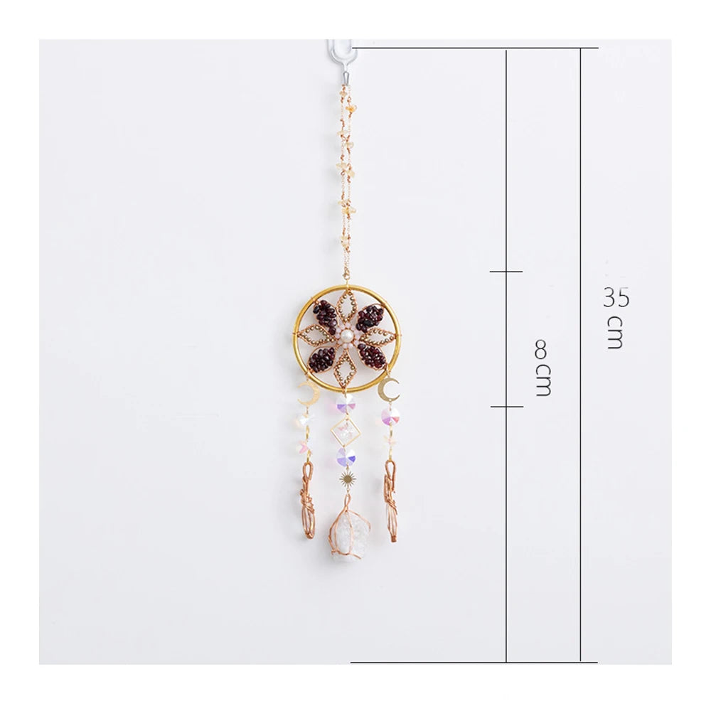Decorative flower dreamcatcher with measurements on a white background boho home decor, crystal wind chime, sun catcher for windows, moon prism chime, agate stone hanging, garden art decor, patio hanging decoration, boho housewarming gift, spiritual gift, crystal suncatcher, balcony decor, meditation decor, handmade crystal chime