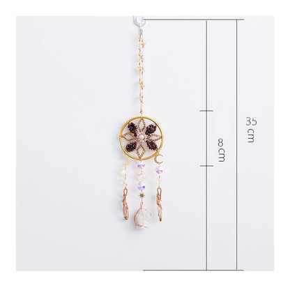Decorative flower dreamcatcher with measurements on a white background boho home decor, crystal wind chime, sun catcher for windows, moon prism chime, agate stone hanging, garden art decor, patio hanging decoration, boho housewarming gift, spiritual gift, crystal suncatcher, balcony decor, meditation decor, handmade crystal chime