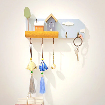 🏡 Fairytale Town Wall Hook Rack – Boho Wooden Key Holder & Decorative Village Scene Organizer
