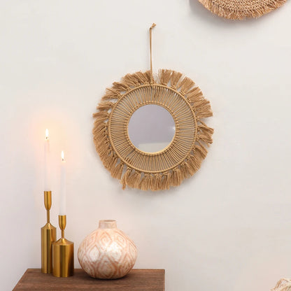 Boho Round Macrame Wall Mirror – Handwoven Decorative Hanging Mirror