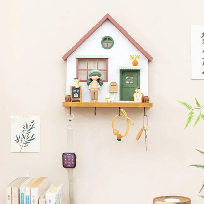 🏡 Fairytale Town Wall Hook Rack – Boho Wooden Key Holder & Decorative Village Scene Organizer