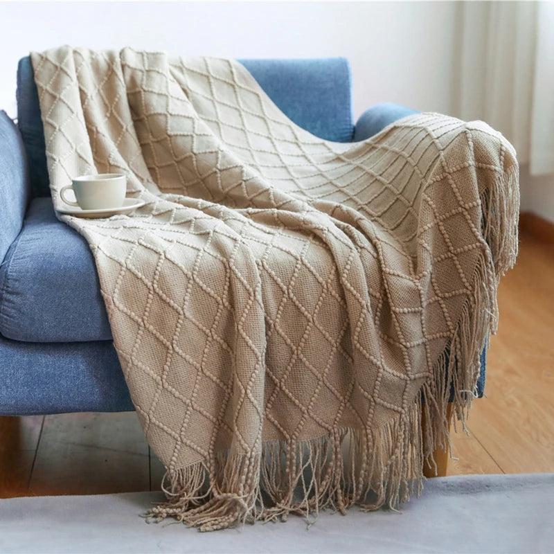 Beige Boho Nordic Knitted Throw Blanket with Tassels – Geometric Diamond Design for Bed, Couch, and Living Room