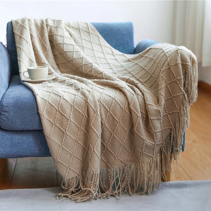 Beige Boho Nordic Knitted Throw Blanket with Tassels – Geometric Diamond Design for Bed, Couch, and Living Room