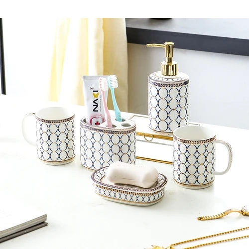 Ivory Porcelain & Gold-Plated Ceramic Bathroom Set – Pink Stripes