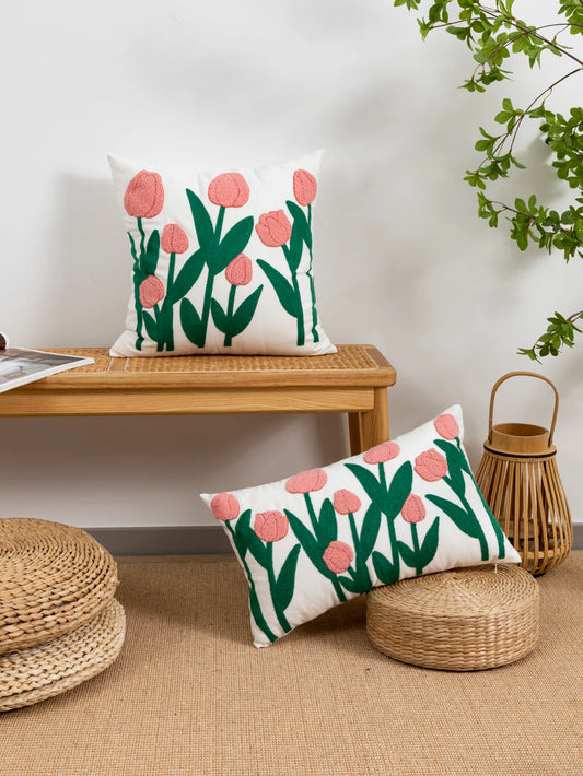 Tulip Pattern Boho Pillow Cover – Cotton Sail Fabric Cushion Cover for Living Room, Bedroom & Home Decor Spring Housewarming Gift