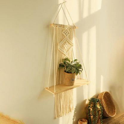 Macramé Wood Hanging Wall Shelf