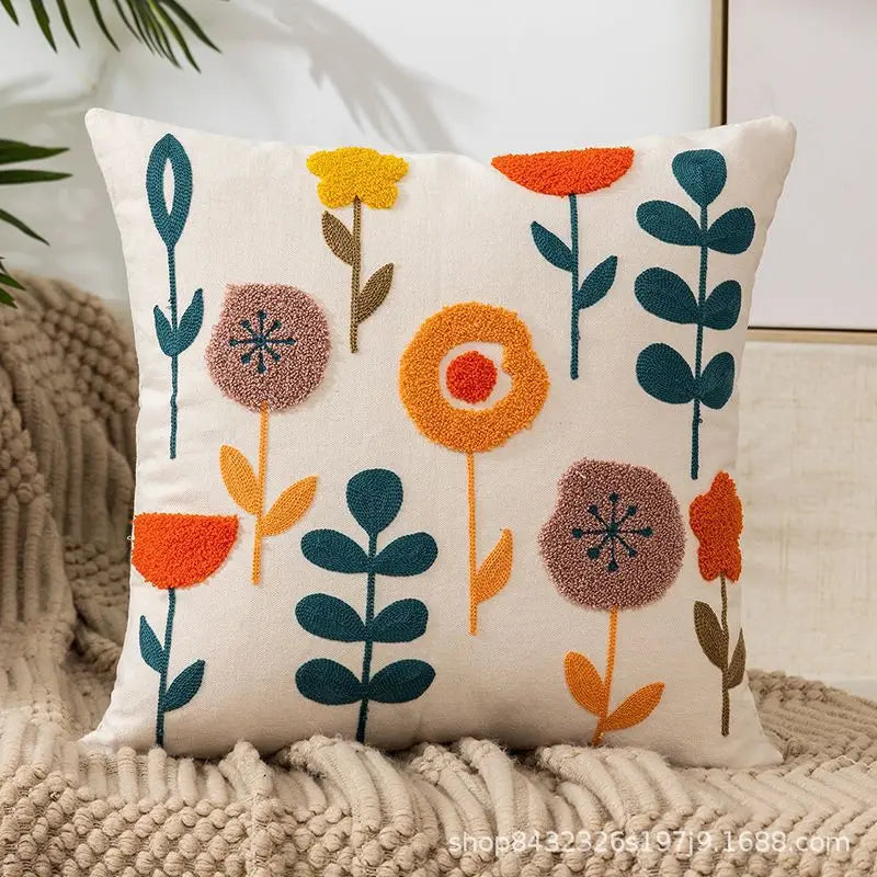 Canvas Floral Embroidered Cushion Cover Cotton 45x45 Countryside Pillow Case for Living Room Luxury Home Decor Boho Flowers