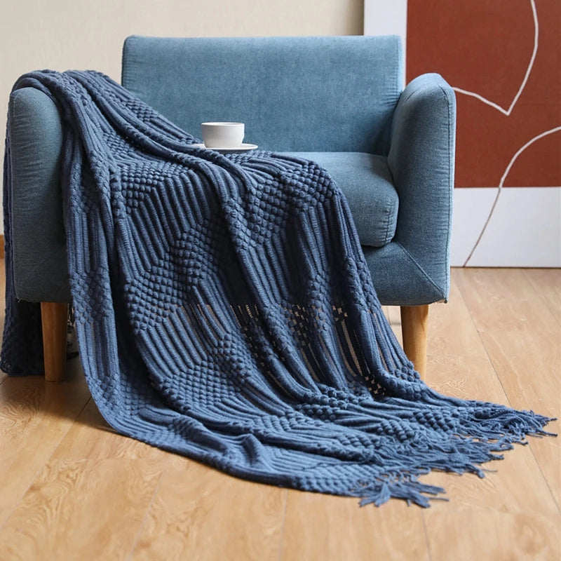 Soft Knit Boho Throw Blanket – Lightweight Acrylic Travel & Home Decor Accent with Fringe
