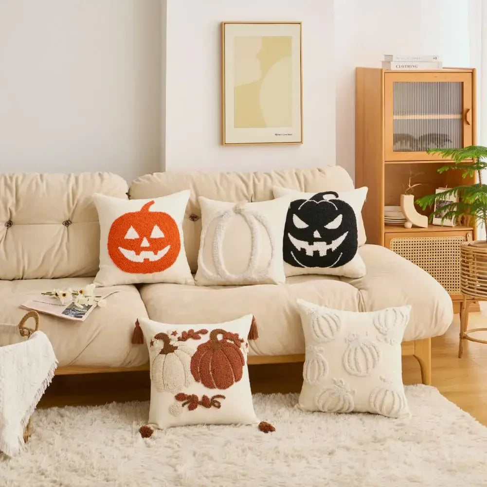 Living room with Halloween-themed cushions on a beige sofa Tufted pumpkin pillow cover 18x18 inch Halloween sofa and bed decor