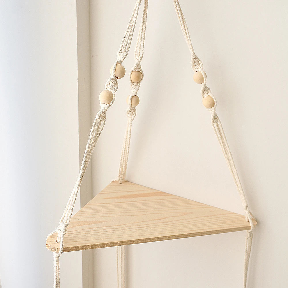 Boho Macrame Hanging Wooden Shelf – Handcrafted Floating Wall Shelf for Home Decor