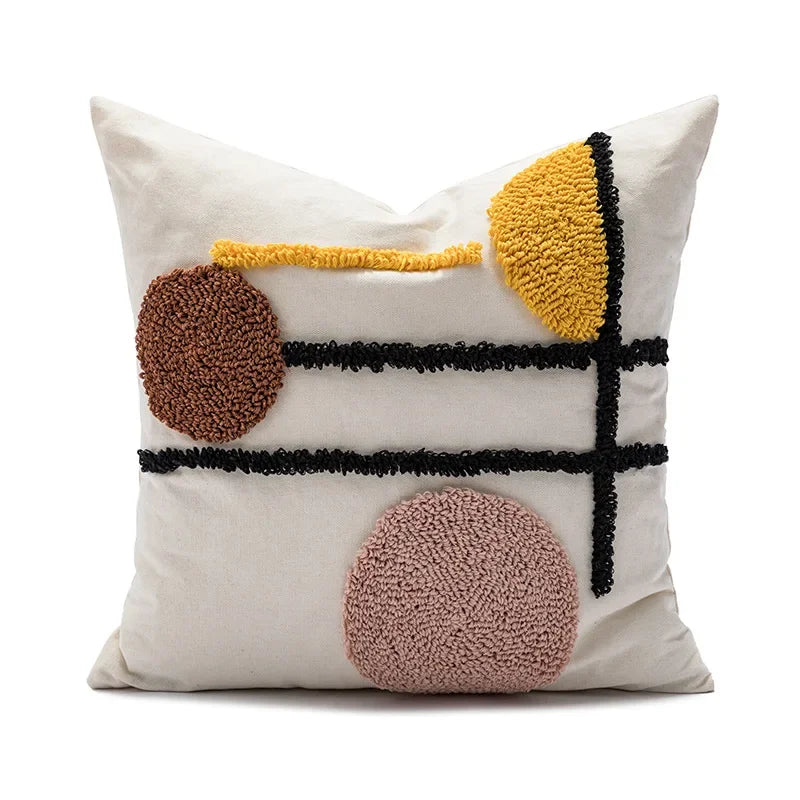 Decorative pillow with geometric patterns on a white background Nordic blue tufted cushion cover with geometric stripe and grid crochet pattern, tassel pillow cover for sofa, bed, and boho home decor