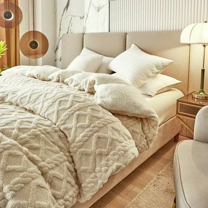 Neatly made bed with textured duvet and pillows in a bedroom setting. Soft plush duvet cover and blanket in solid color with striped jacquard design, dual-use artificial cashmere fleece bedding for cozy winter warmth.