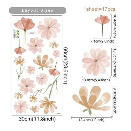 Boho Floral Leaf Wall Stickers – Removable 3D Vinyl Decals for Kids' Nursery & Home Decor - Neutral Flowers