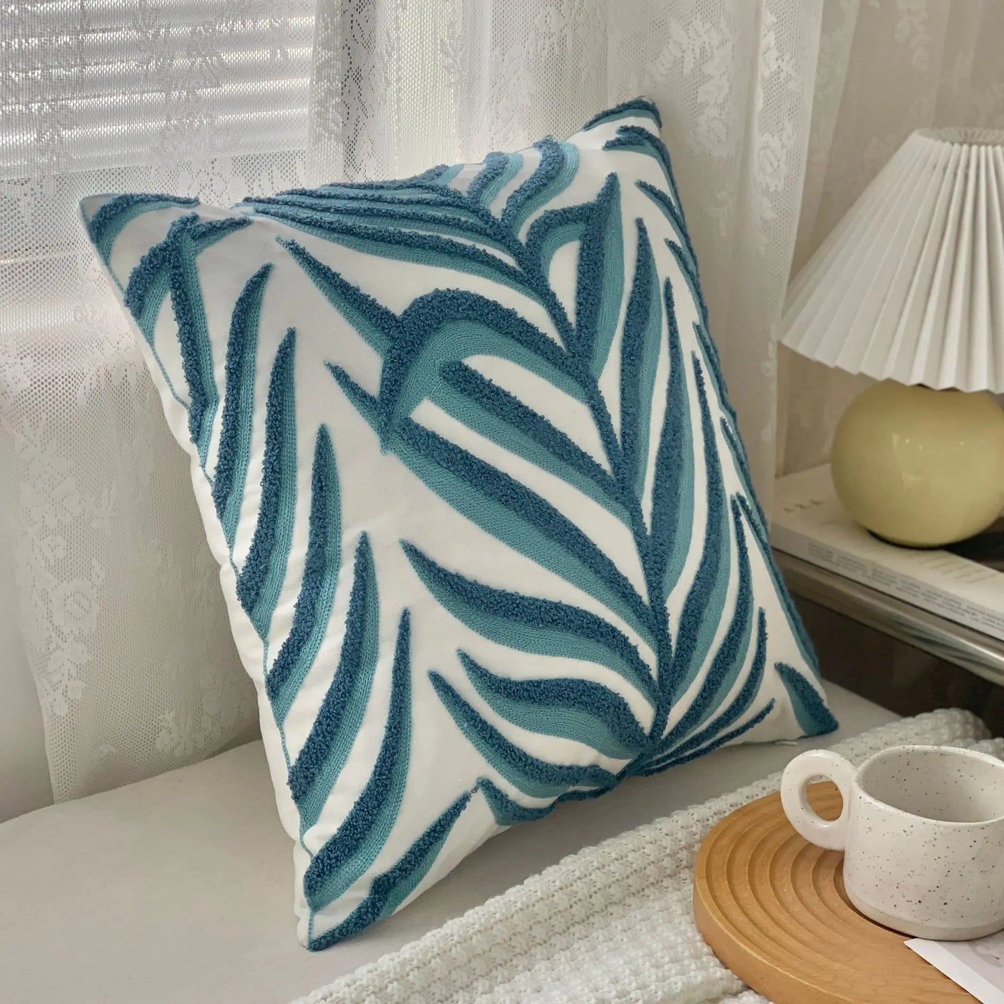 🌿 Green Leaf & Sunflower Embroidered Pillow Cover – 18 x 18 inches Boho Modern Cushion Cover for Sofa, Chair, or Car