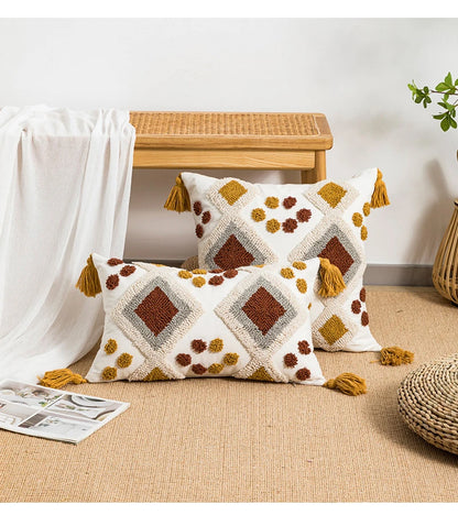 Boho Loop Tufted Cushion Cover – Handmade Cotton Canvas Pillow with Tassels & Embroidery